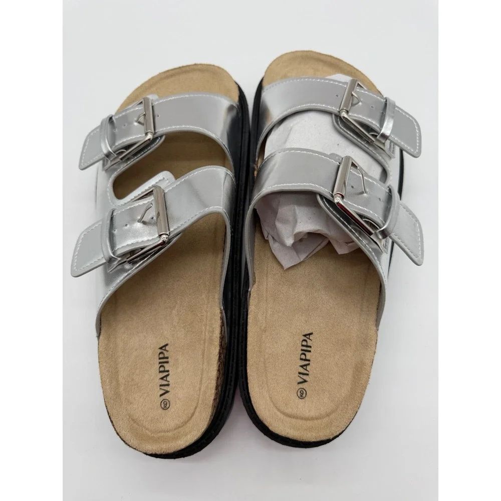 Viapipa Womens Silver Metallic Double Buckle Chunky Platform Slide Sandals‎ 9